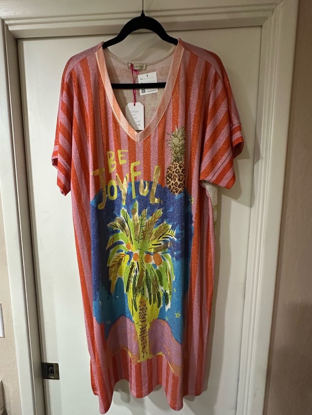 Made in Italy Pink & Orange Striped Midi Dress with Palm Tree Graphic